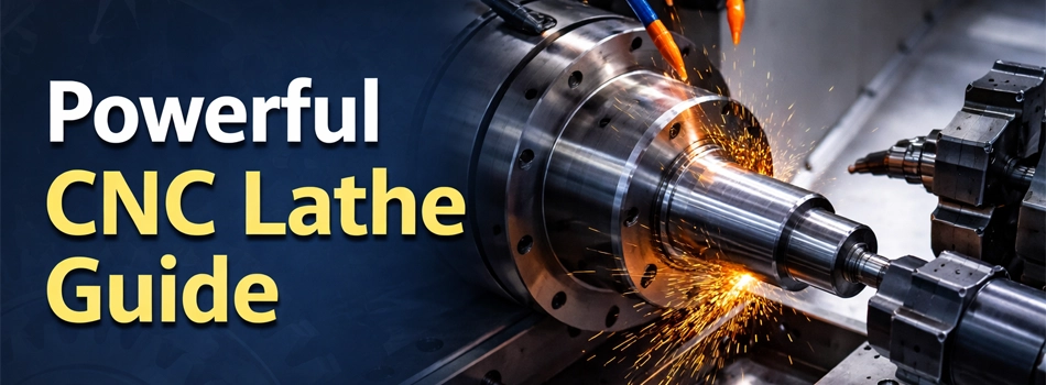 CNC lathe machine cutting cylindrical metal part with sparks during machining process